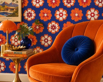 Retro Wallpaper, Mid Century Wallpaper, Vintage Wallpaper, Peel and Stick Wallpaper, Orange Floral Wallpaper, Fabric Wallpaper