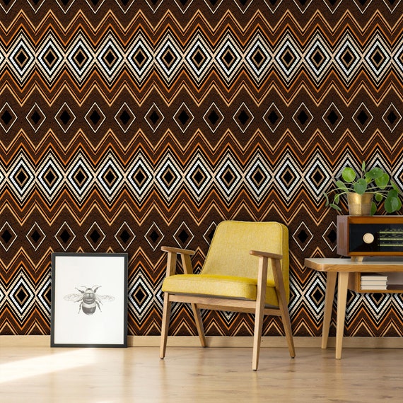 Retro Wallpaper Mid Century Wallpaper Brown Geometric Etsy