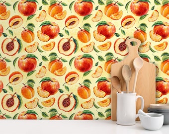 Retro Wallpaper, Fruit Wallpaper, Mid Century Wallpaper, Peaches Vintage Wallpaper, Peel and Stick Wallpaper, Fabric Wallpaper