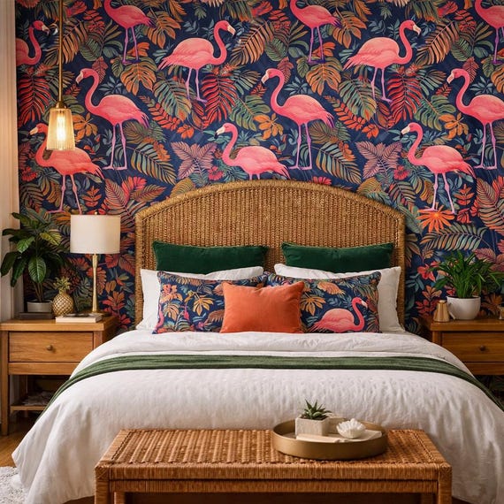 Retro Wallpaper, Palm Wallpaper, Flamingo Wallpaper, Tropical Wallpaper, Mid Century Wallpaper, Peel and Stick Wallpaper, Fabric Wallpaper
