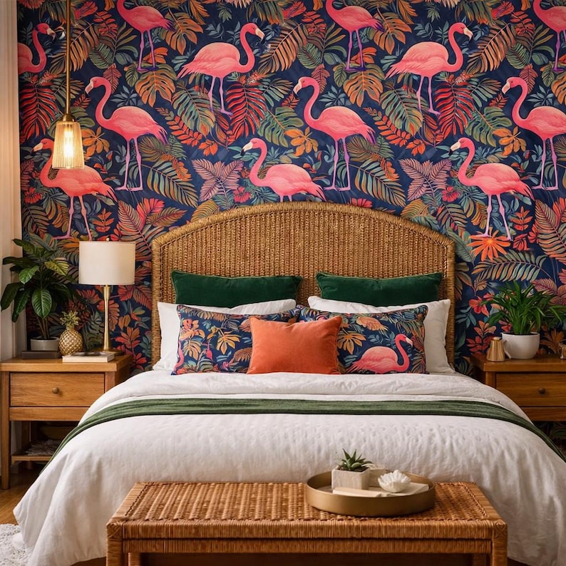 Retro Wallpaper, Palm Wallpaper, Flamingo Wallpaper, Tropical Wallpaper, Mid Century Wallpaper, Peel and Stick Wallpaper, Fabric Wallpaper Bild 2