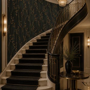 K&ouml;nnte beinhalten: Elegante geschwungene Treppe mit schwarzem Teppich und goldenen Akzenten. Die W&auml;nde sind mit dunkler Tapete mit goldenem Blumenmuster versehen. Eine Kronleuchter h&auml;ngt dar&uuml;ber, und ein kleiner Tisch steht in der N&auml;he.