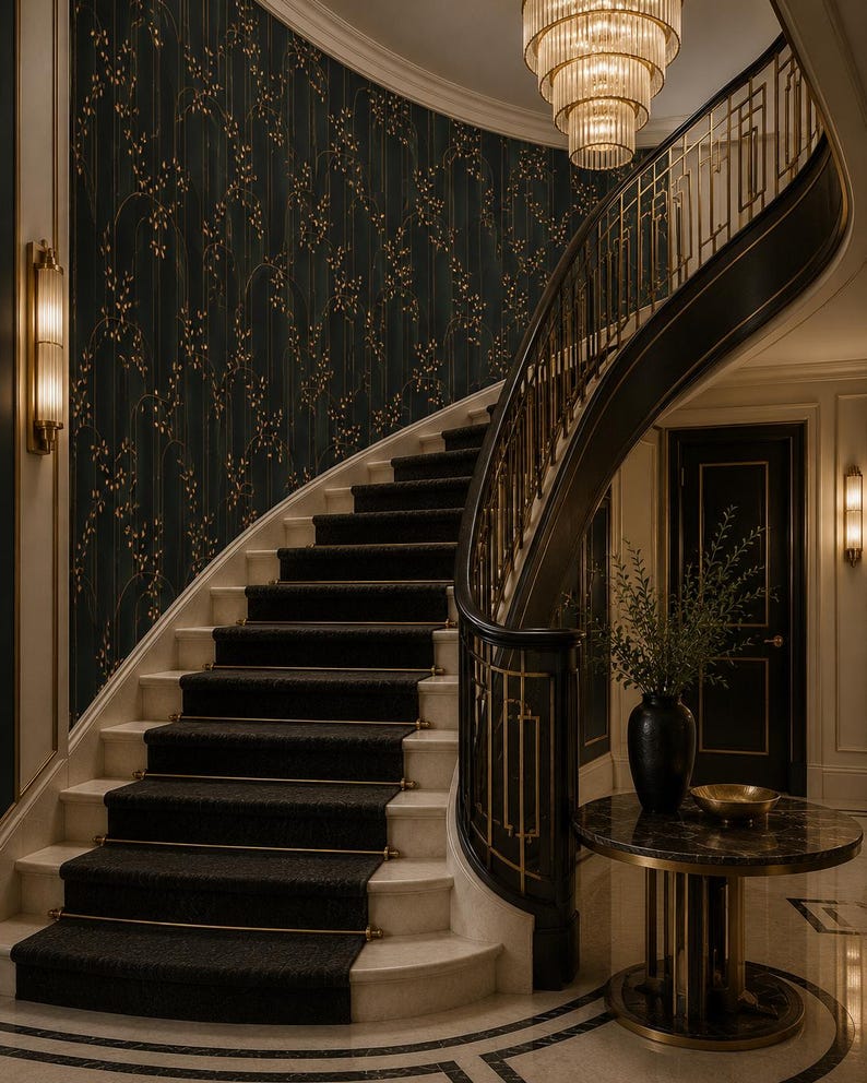 K&ouml;nnte beinhalten: Elegante geschwungene Treppe mit schwarzem Teppich und goldenen Akzenten. Die W&auml;nde sind mit dunkler Tapete mit goldenem Blumenmuster versehen. Eine Kronleuchter h&auml;ngt dar&uuml;ber, und ein kleiner Tisch steht in der N&auml;he.