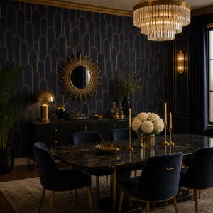 May include: A luxurious dining room with a dark blue and gold Art Deco theme. Features include a marble-topped table, velvet chairs, a chandelier, and a sunburst mirror. The room is decorated with candles, flowers, and a gold lamp.