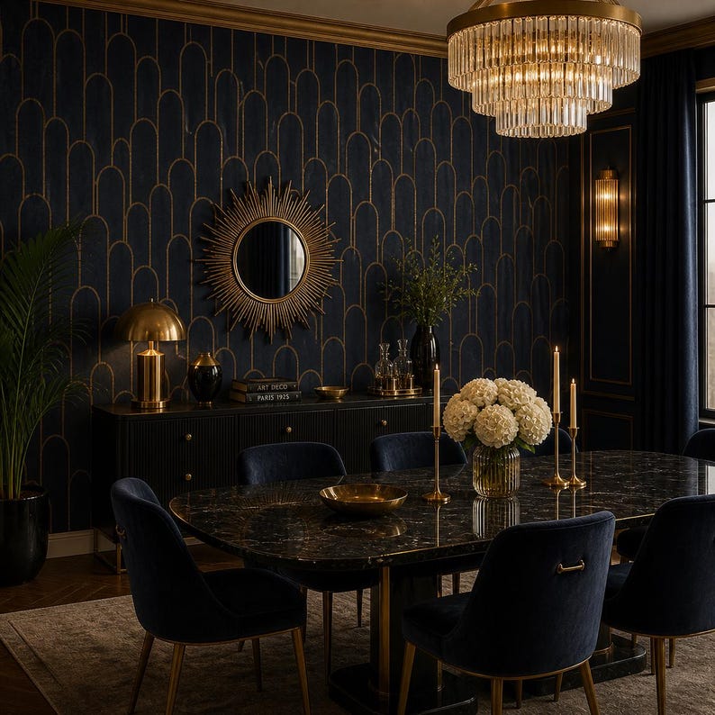 May include: A luxurious dining room with a dark blue and gold Art Deco theme. Features include a marble-topped table, velvet chairs, a chandelier, and a sunburst mirror. The room is decorated with candles, flowers, and a gold lamp.