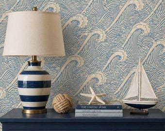 Beach House Wallpaper, Tropical Wallpaper, Nautical Wallpaper, Beach Waves Wallpaper, Peel and Stick Wallpaper, Fabric Wallpaper