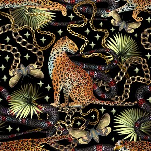 Black tropical cheetah print fabric peel and stick wallpaper sample