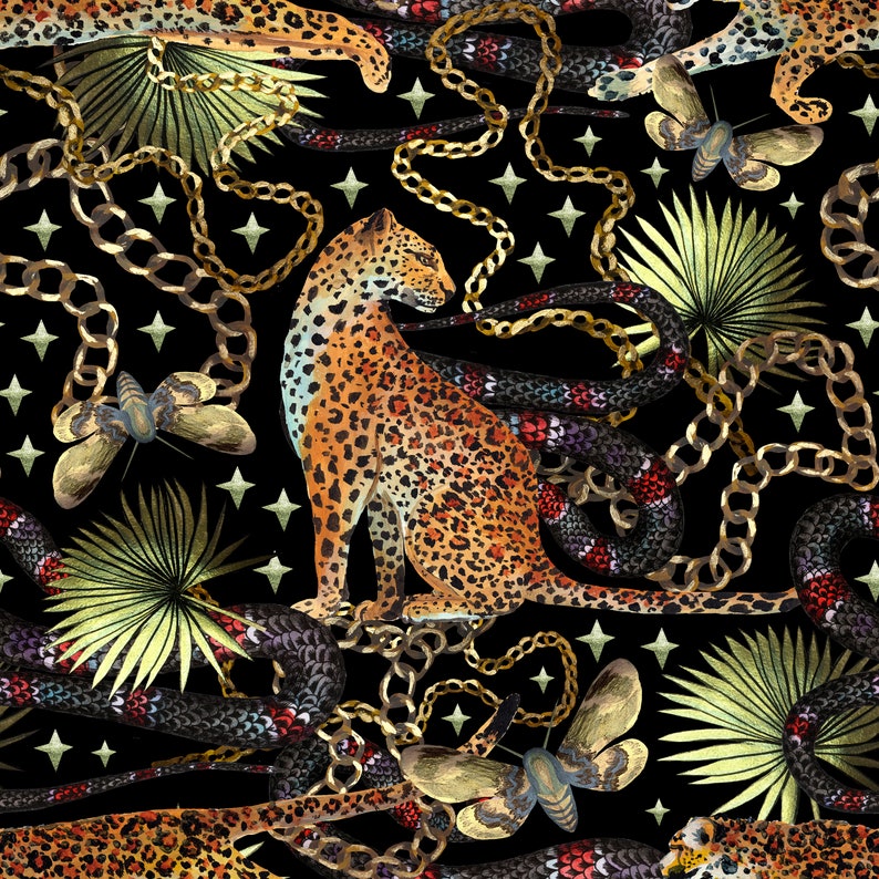 Black tropical cheetah print fabric peel and stick wallpaper sample