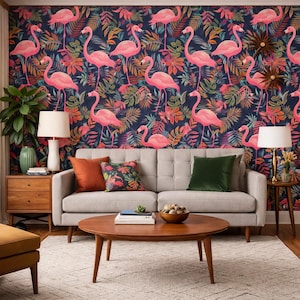 Retro Wallpaper, Palm Wallpaper, Flamingo Wallpaper, Tropical Wallpaper, Mid Century Wallpaper, Peel and Stick Wallpaper, Fabric Wallpaper Bild 9