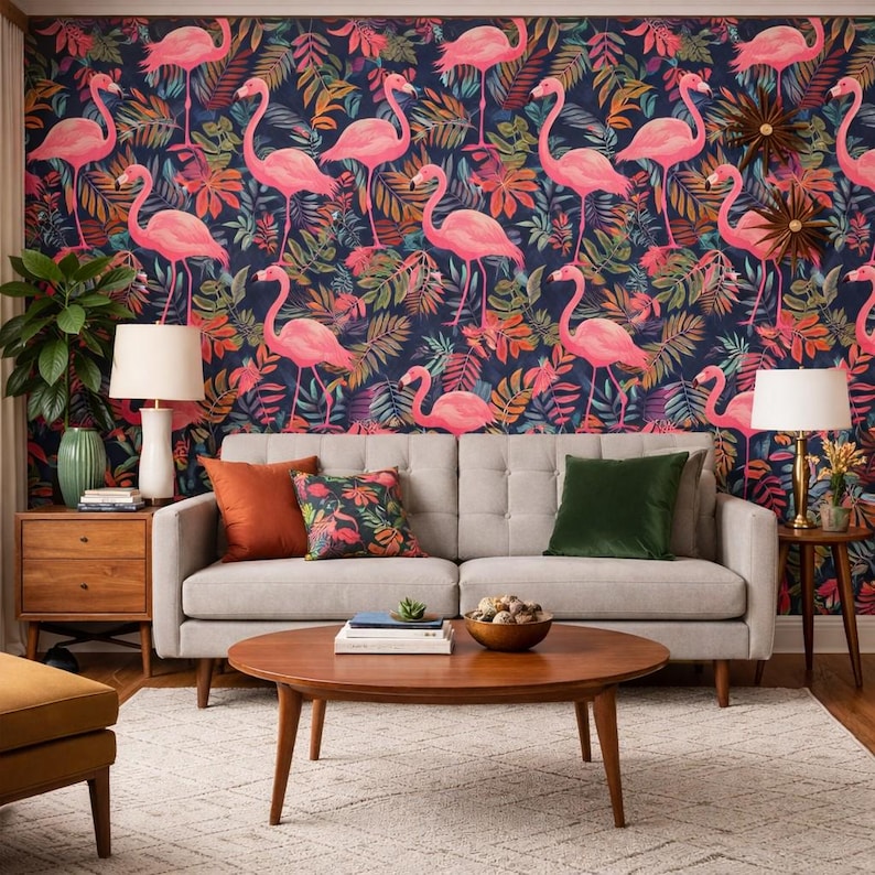 Retro Wallpaper, Palm Wallpaper, Flamingo Wallpaper, Tropical Wallpaper, Mid Century Wallpaper, Peel and Stick Wallpaper, Fabric Wallpaper Bild 9
