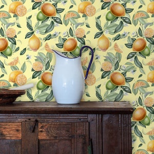 Retro Wallpaper, Fruit Wallpaper, Mid Century Wallpaper, Vintage Wallpaper, Peel and Stick Wallpaper, Fabric Wallpaper
