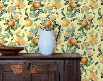 Retro Wallpaper, Fruit Wallpaper, Mid Century Wallpaper, Vintage Wallpaper, Peel and Stick Wallpaper, Fabric Wallpaper