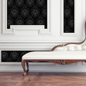 Black Victorian gothic damask fabric peel and stick wallpaper