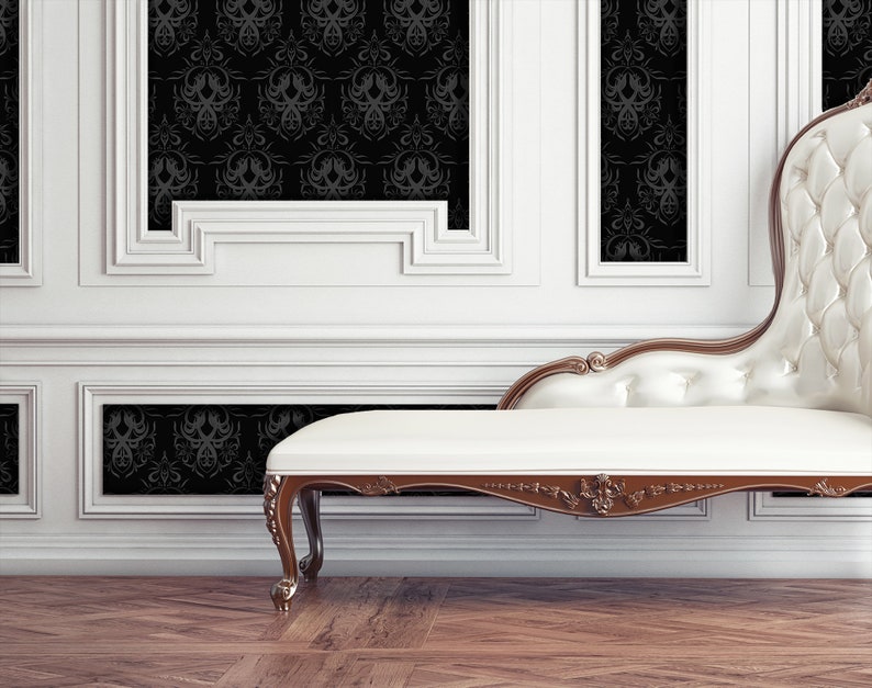 Black Victorian gothic damask fabric peel and stick wallpaper