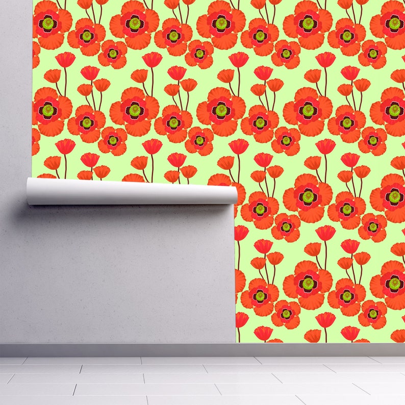 Vintage Mid-century modern orange floral fabric peel and stick wallpaper