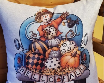Scarecrow Truck Fall Pillow Cover, Autumn Farmhouse Decor