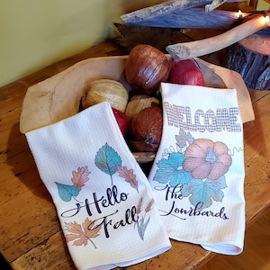 CUSTOM Waffle Weave Set of 2 Personalized Dish Towels  Fall Theme/ Personalized Kitchen Towels/ Wedding Gift/ Housewarming Gift