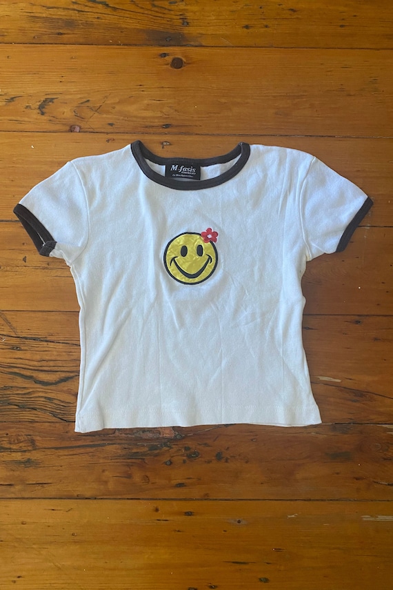 Vintage 90's Smiley Face Cropped Ringer T-Shirt