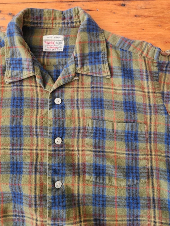 Vintage 50s/60s Plaid Flannel Loop Collar Shirt Sz