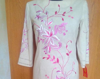 Embroidered spring floral dress Pink embroidery vyshyvanka dress Hand embroidered traditional midi dress