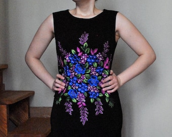 Hand embroidered dress Black midi dressUukrainian dress Vyshyvanka flower dress Ukrainian fashion dress with flowers