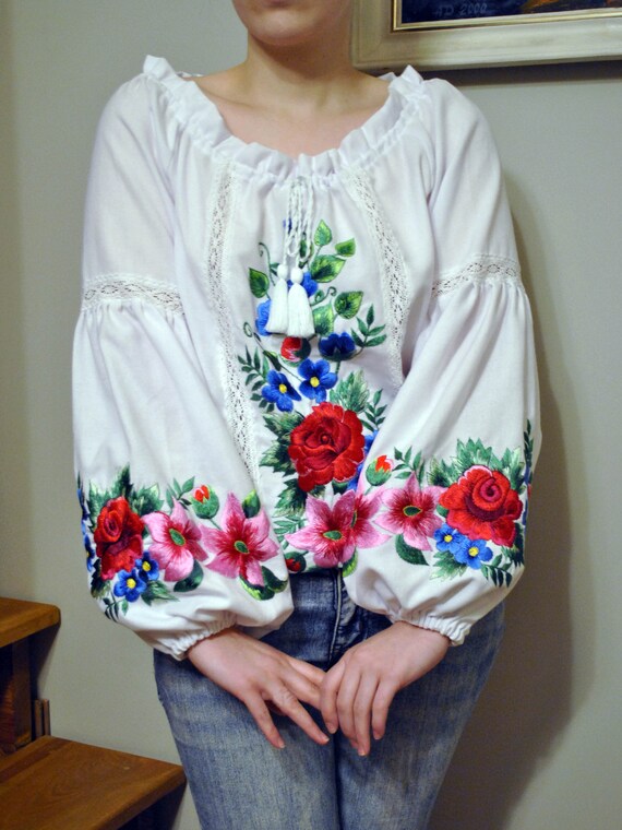 White embroidered shirt hand embroidered blouse flower blouse Etsy