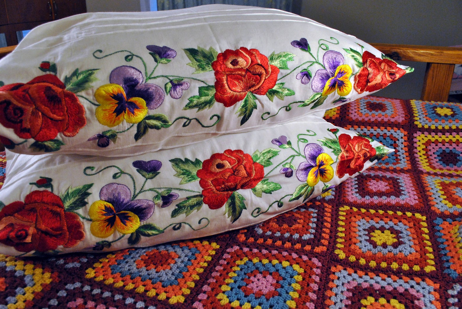 Hand embroidered pillowcases country style floral embroidery Etsy