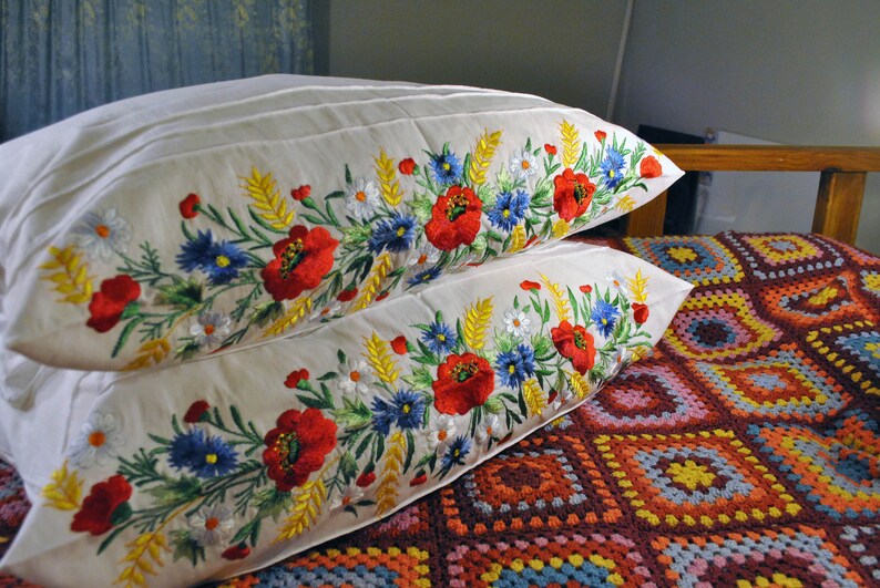 Hand Embroidered Pillow Organic Pillowcase Bright Flowers Bedroom Decor