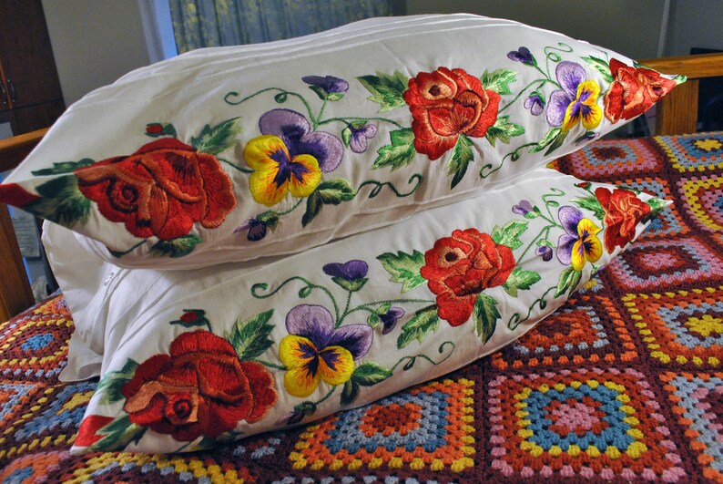 Hand embroidered pillowcases country style floral embroidery Etsy