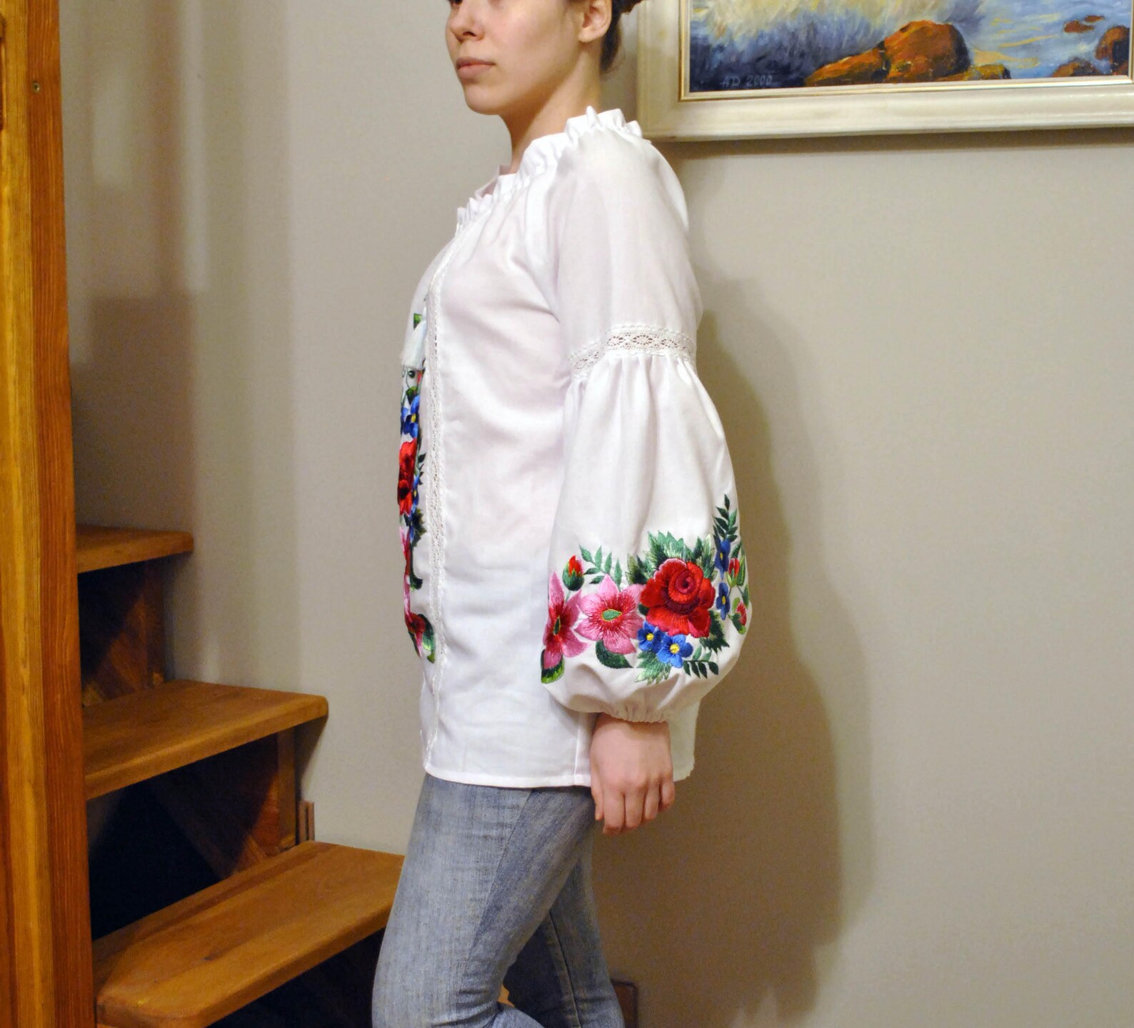 White Embroidered Shirt Hand Embroidered Blouse Flower Blouse Etsy