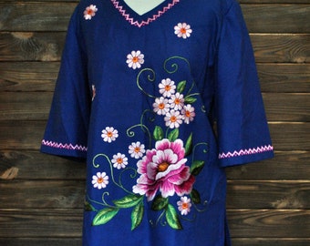 Blue cotton embroidered blouse Hand embroidered flower shirt Floral summer top