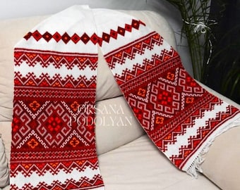 Wedding red hand embroidered towel. Ukrainian traditional ceremonial rushnyk