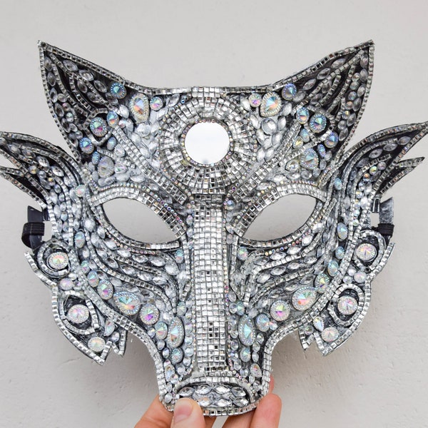 Masque de fête homme femme, bal masqué, masque de festival orné de bijoux Halloween loup argenté