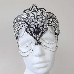 Masquerade Ball Black Metal Swarovski Crystal Chain Veil Mask, Halloween Crown Headpiece