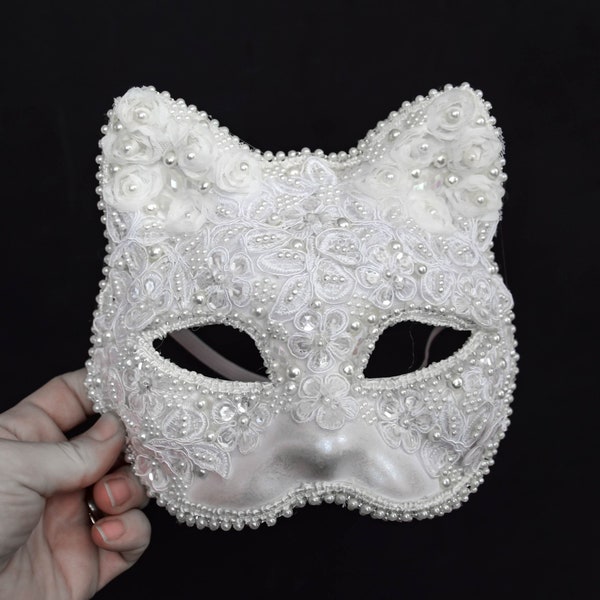 Máscara veneciana de gato de encaje de perlas de invierno, disfraz de baile de máscaras de carnaval, despedida de soltera de invierno