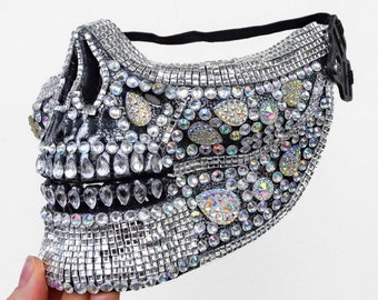 Máscara de calavera plateada, máscara para festivales de hombres y mujeres, máscara de media cara para mascarada, disfraz para rave,