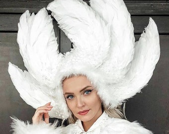 Corona de plumas de triple alas de la princesa cisne, tocado de ángel serafines, tocado del festival, disfraz de Halloween