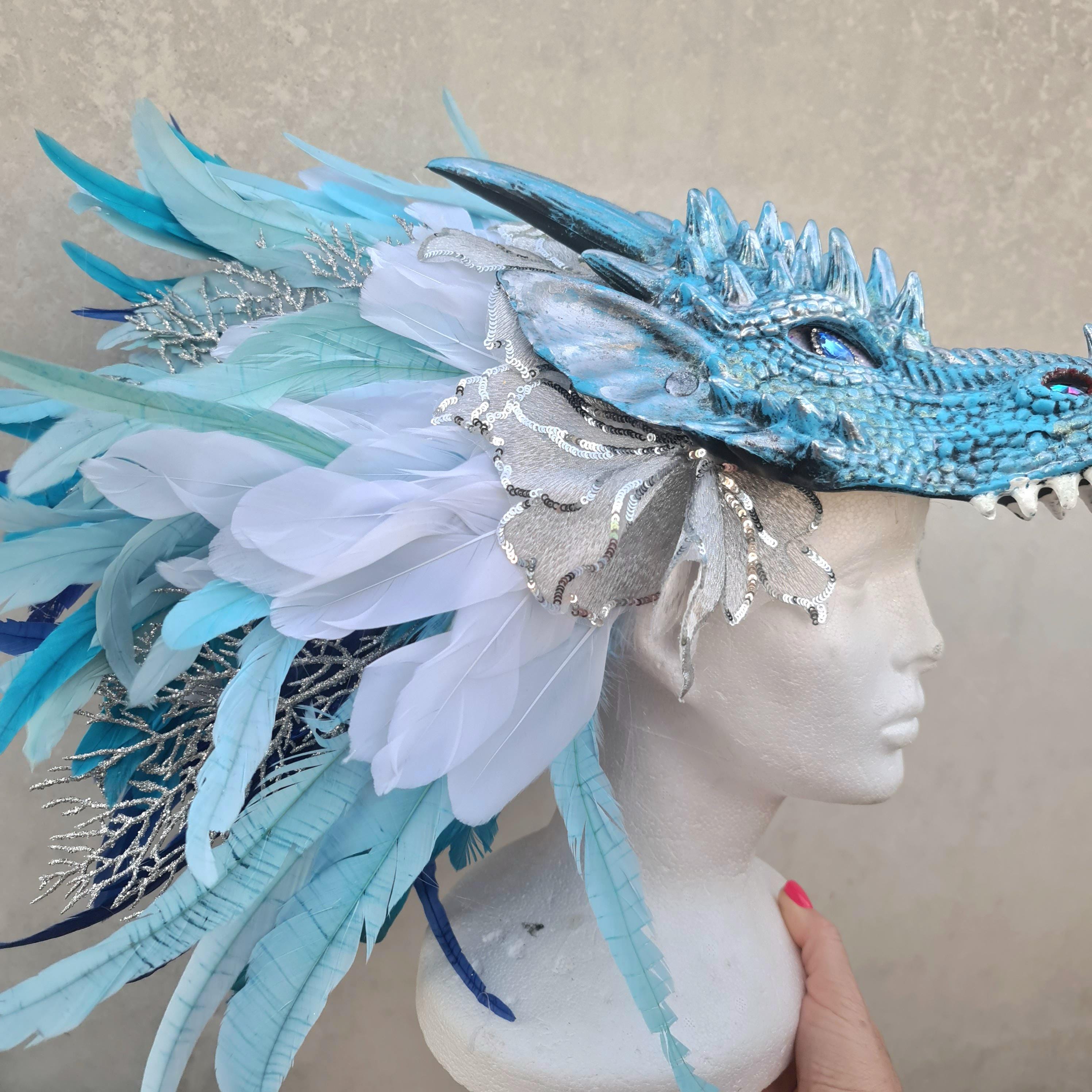 Blue Ice Water  Dragon Headpiece , Feather Crown , Halloween Costume
