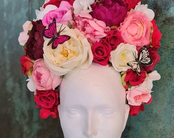 Corona de flores grande, tocado estilo Frida Kahlo, tocado estilo folclórico español, disfraz de Halloween