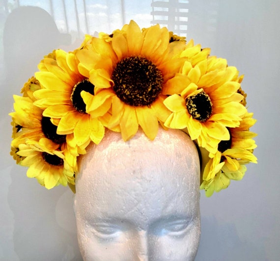 Sunflower headdress Large flower crown Summer flower crown Boho festival crown Vorkoi Sunflower Hippie Headband Floral Crown Summer  main image 2