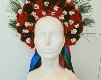 Tocado de la región de Poltava, corona de boda popular ucraniana, vestido nacional, tocado con pompón