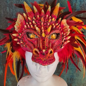 Fire Dragon Headpiece , Red and Yellow Dragon Feather Crown , Halloween Costume