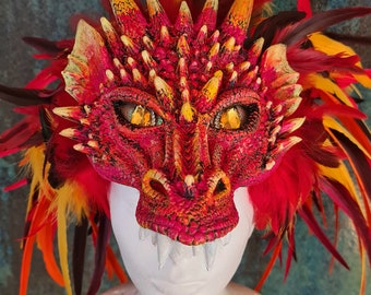 Fire Dragon Headpiece , Red and Yellow Dragon Feather Crown , Halloween Costume