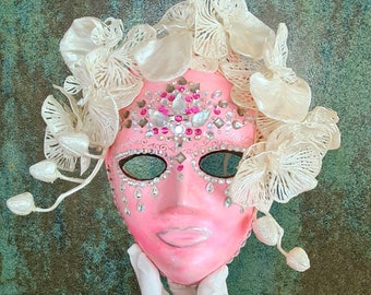 Size L/XL Pink Pearl Masquerade Mask with Orchid Flowers