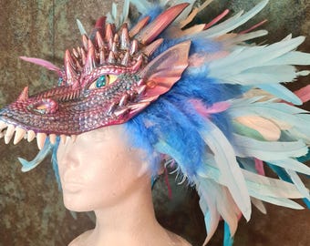 Pearl Dragon Headpiece , White Ice Dragon Feather Crown , Halloween Costume