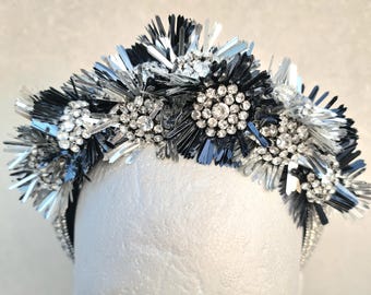 Tocado de flores con estrellas y lentejuelas plateadas y negras, diadema de Nochevieja