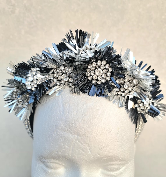 Silver and Black Sequin Star Flower Headpiece, New Year display picture 3