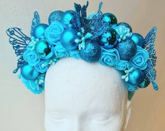 Aqua Blue Christmas Baubles and Butterflies Headpiece , Winter Party Headband