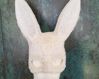 White Bunny Rabbit Burlesque Beaded Mask, Snow Hare Lace Mask, Carnival Costume