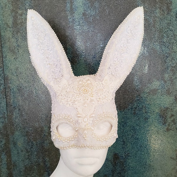 White Bunny Rabbit Burlesque Beaded Mask, Snow Hare Lace Mask, Carnival Costume